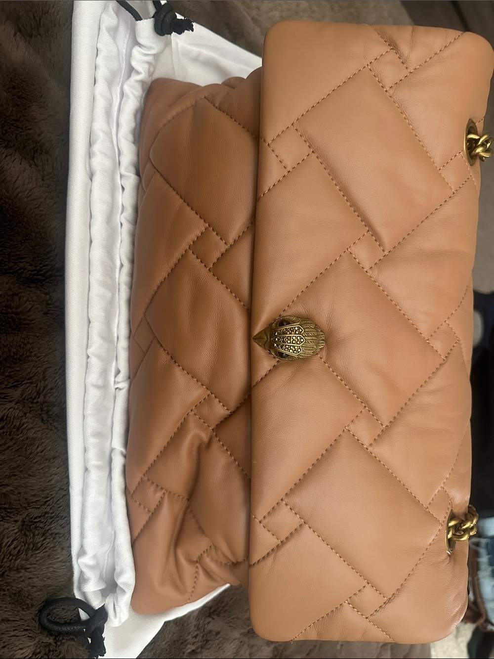 Kurt Geiger Camel Quilted Leather Shoulder Bag with Gold Clasp